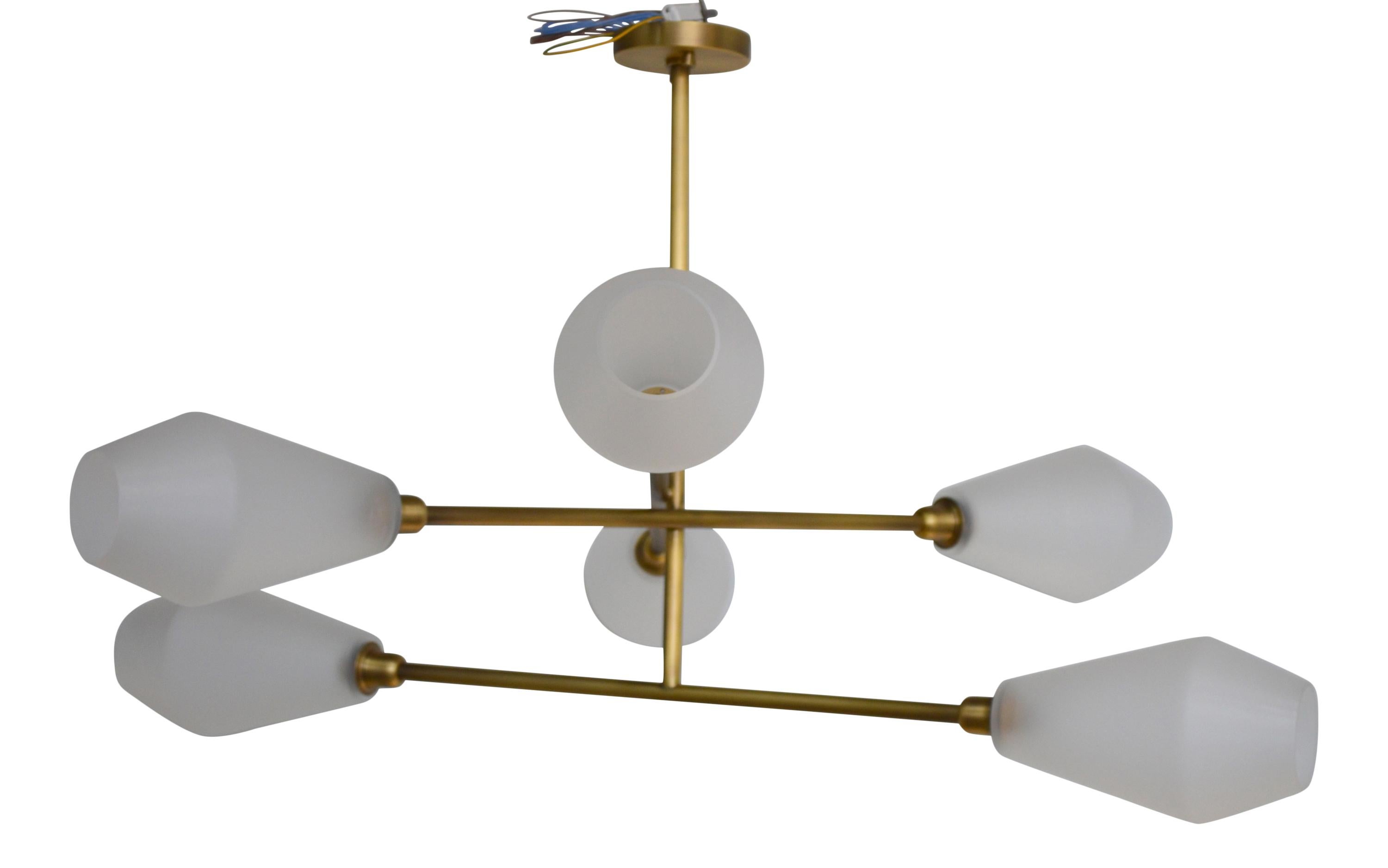 British Contemporary handmade Brass chandelier with mouth blown frosted Glass shades For Sale