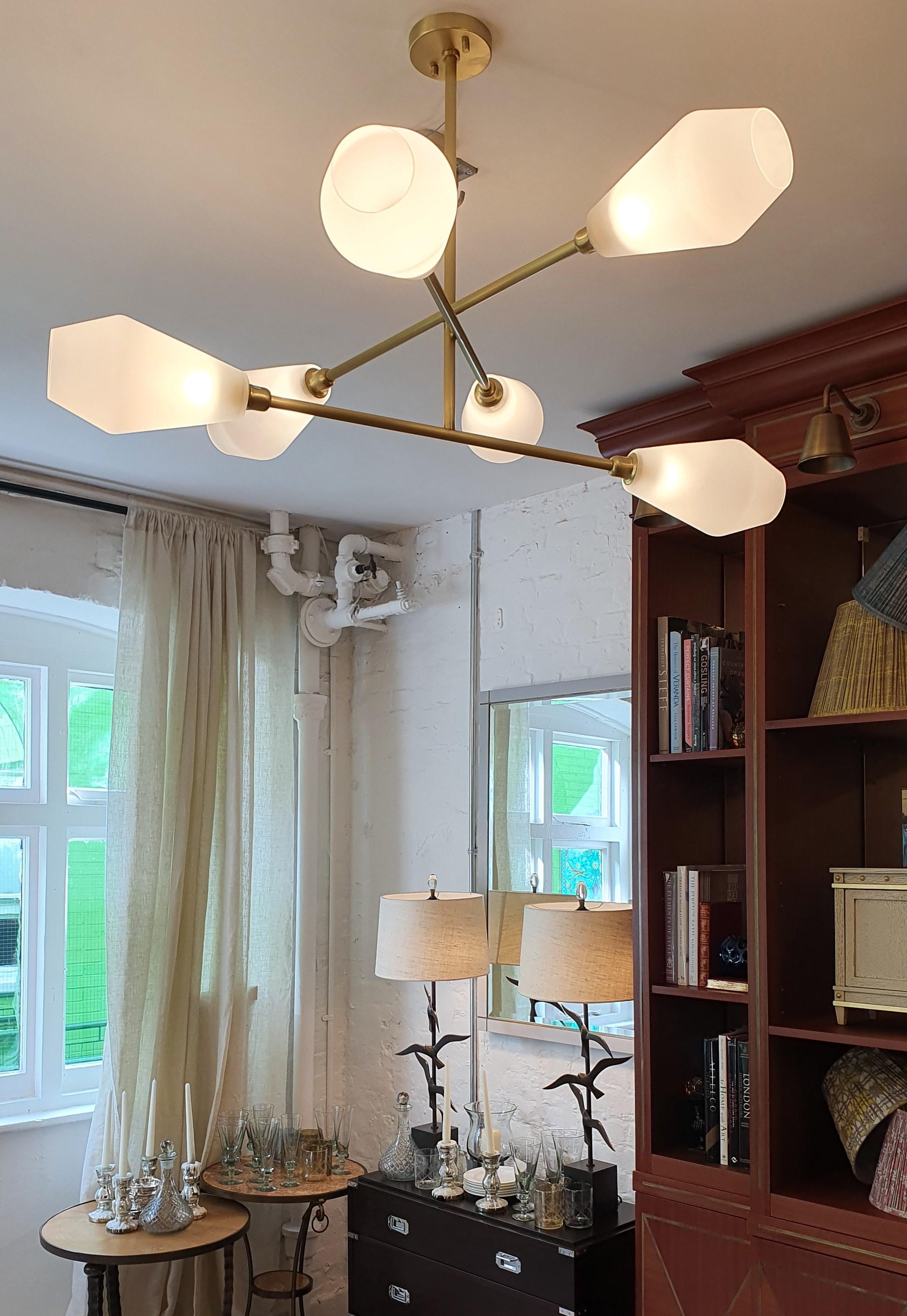 Frosted Contemporary handmade Brass chandelier with mouth blown frosted Glass shades For Sale