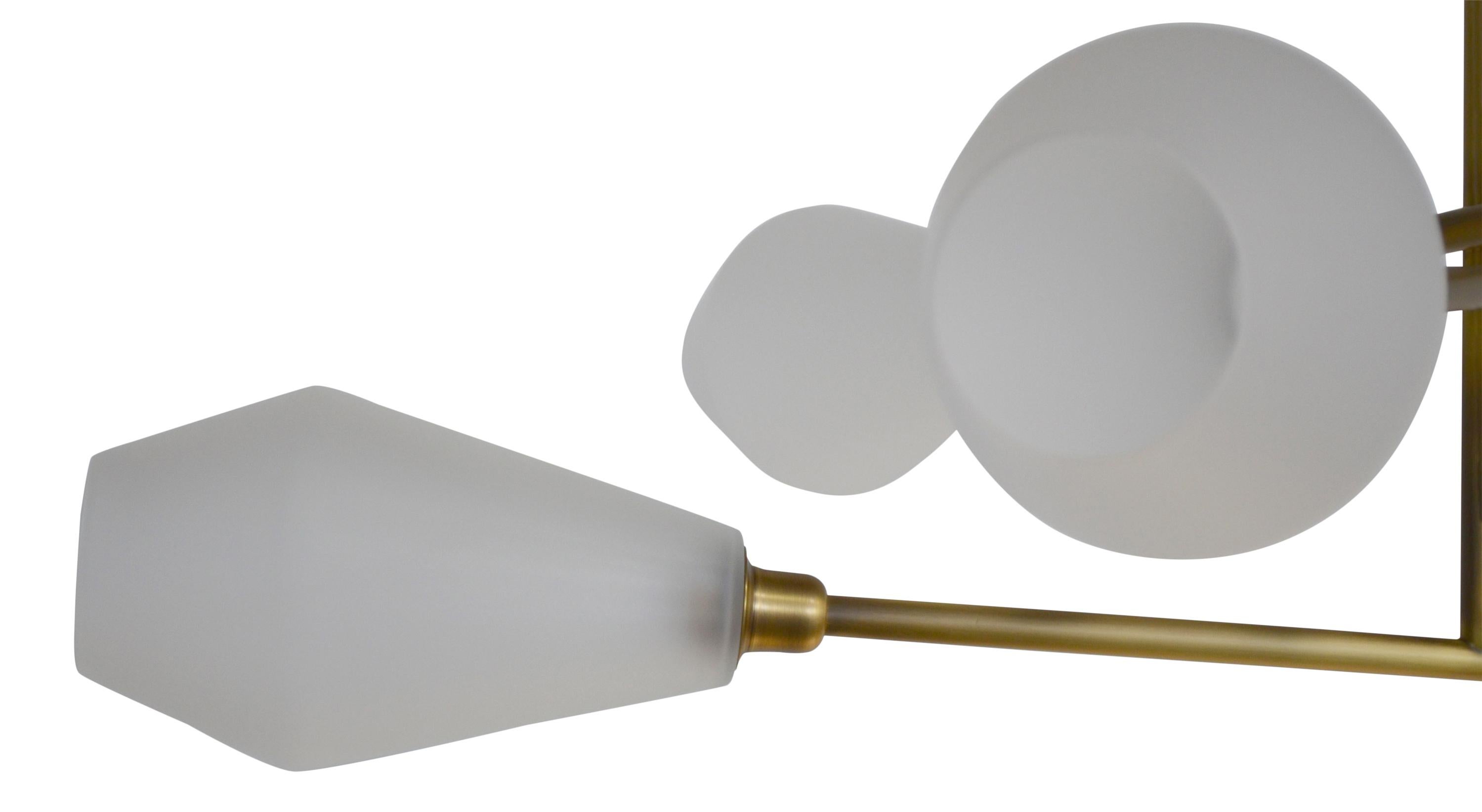 Contemporary handmade Brass chandelier with mouth blown frosted Glass shades In Excellent Condition For Sale In London, GB