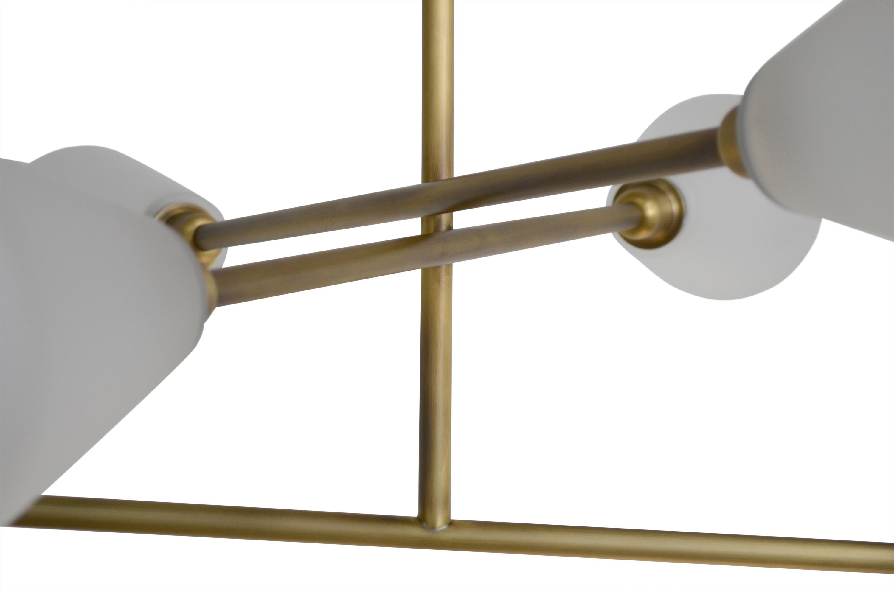 Contemporary handmade Brass chandelier with mouth blown frosted Glass shades For Sale 2