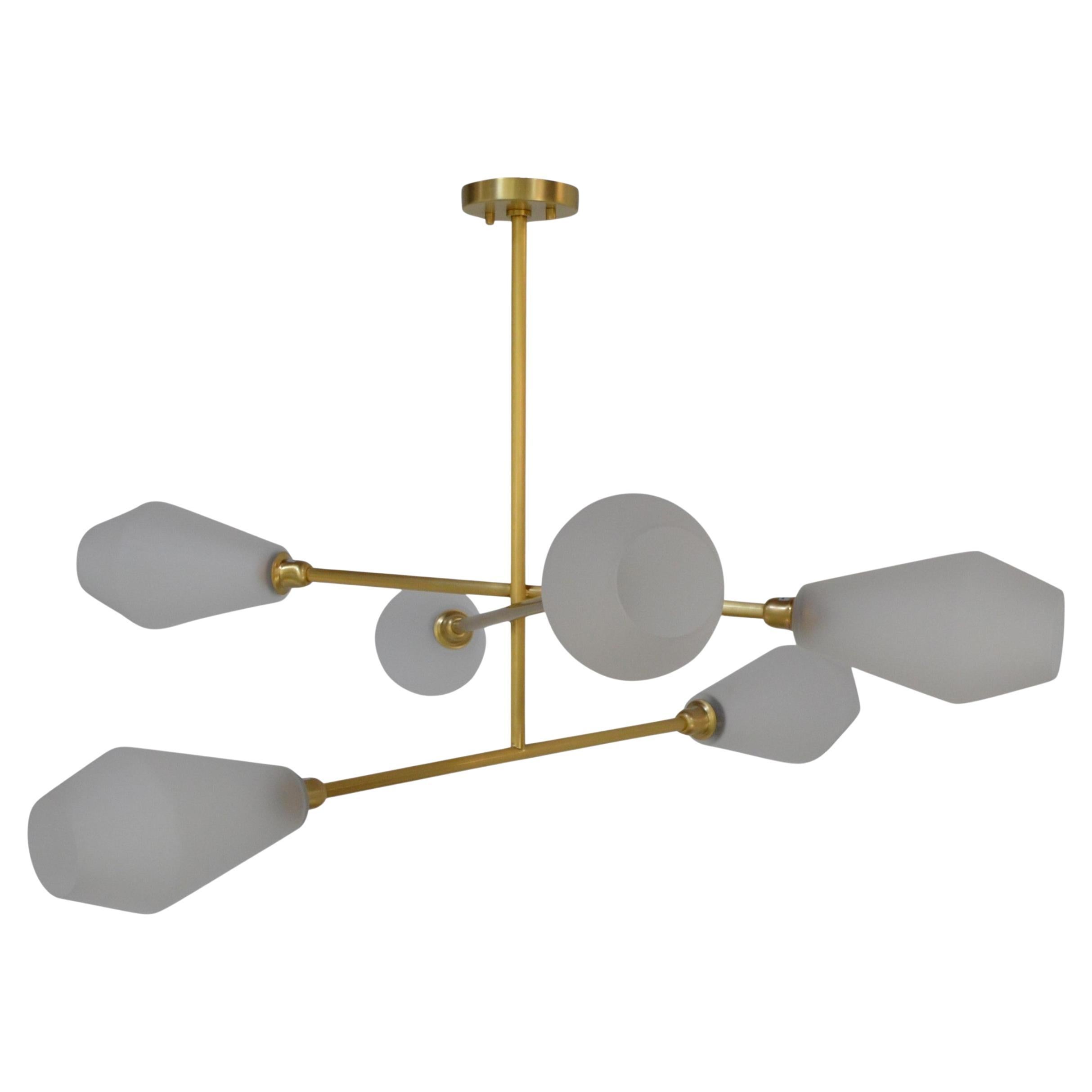 Contemporary handmade Brass chandelier with mouth blown frosted Glass shades For Sale