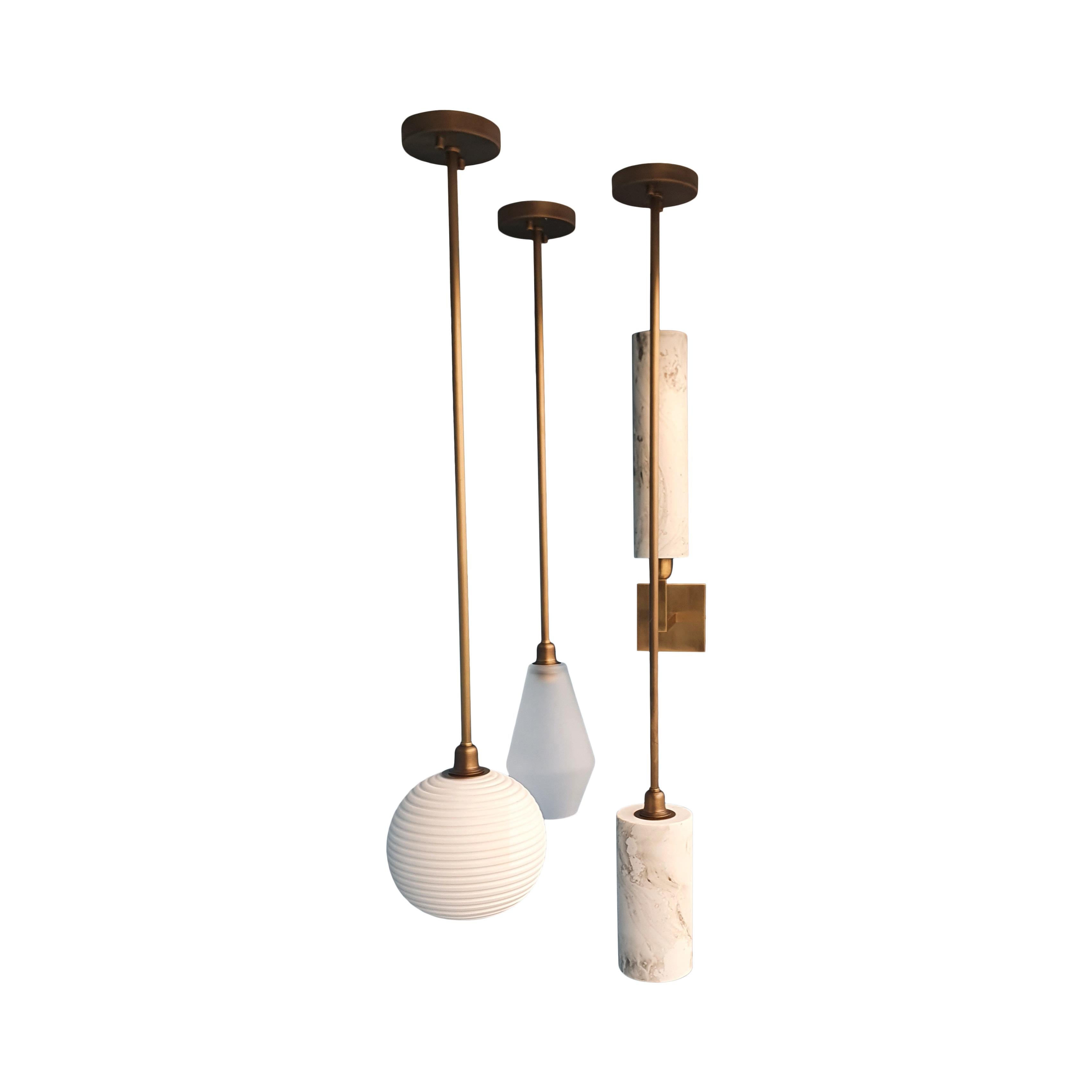 Contemporary Handmade Brass chandelier with unglazed Porcelain lampshades For Sale 4