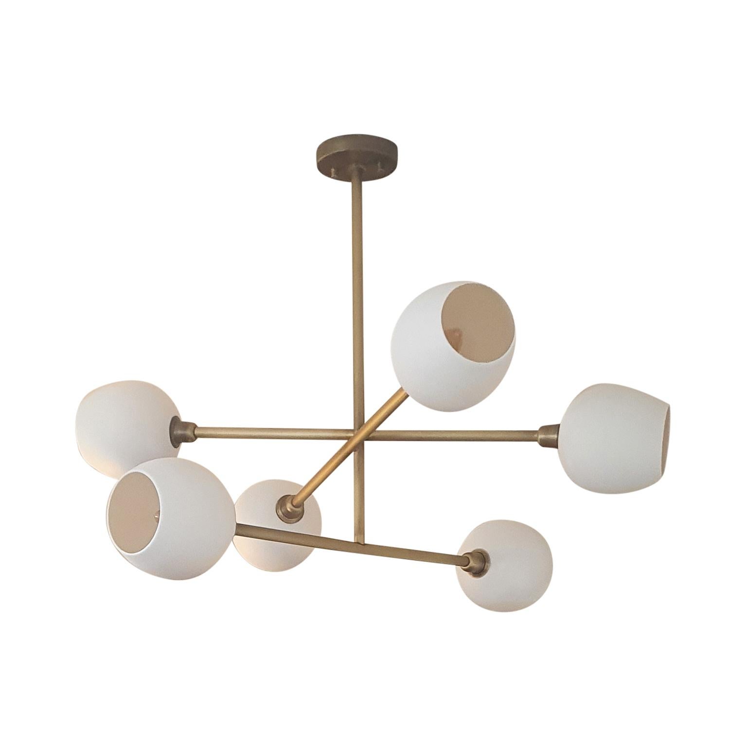 British Contemporary Handmade Brass chandelier with unglazed Porcelain lampshades For Sale