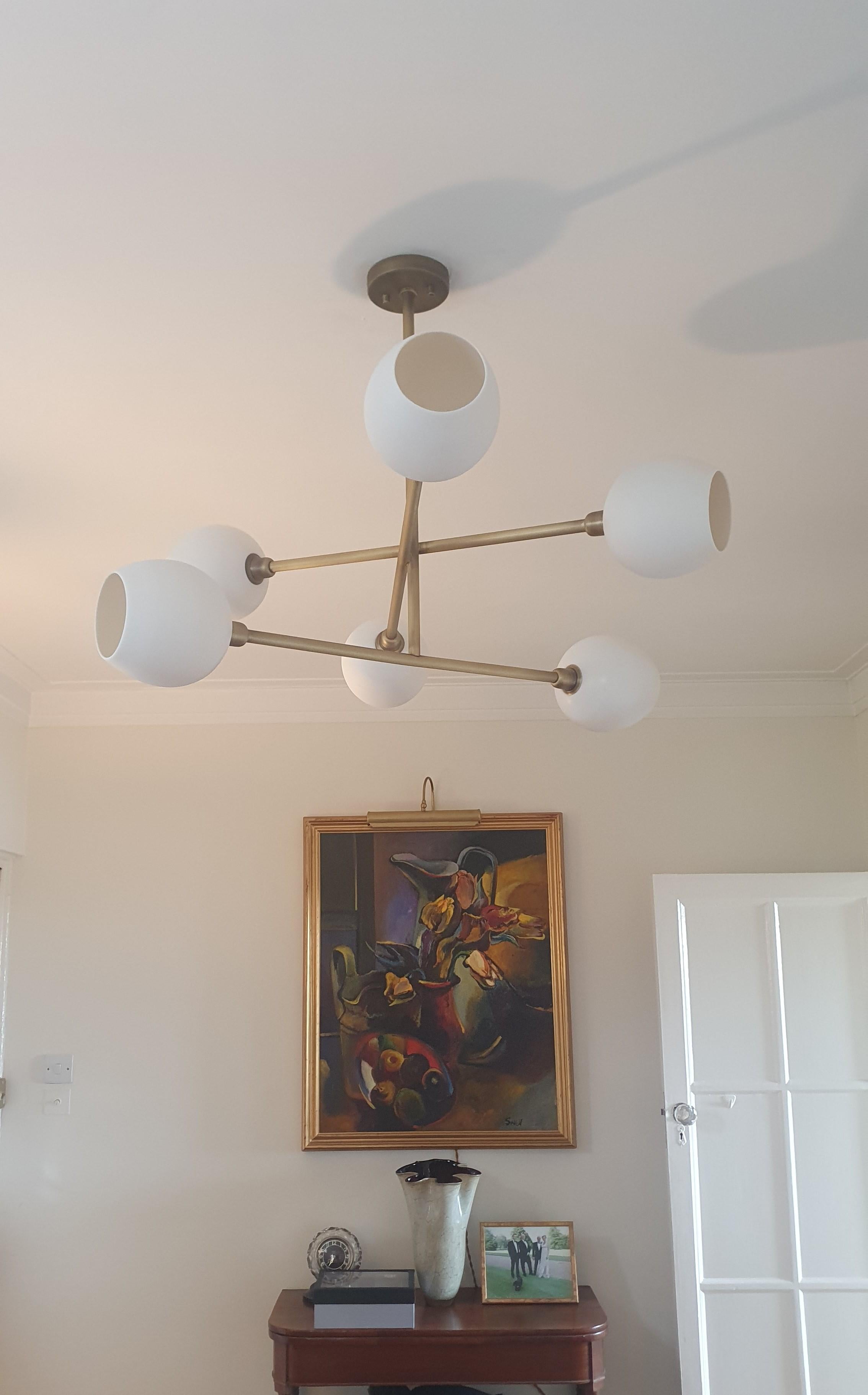 Contemporary Handmade Brass chandelier with unglazed Porcelain lampshades For Sale 2