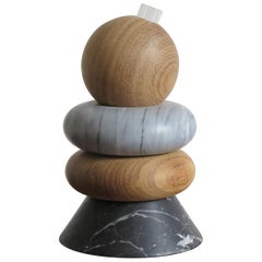 Contemporary Handmade Carrara Marble and Wood Candleholder Sculpture Vase