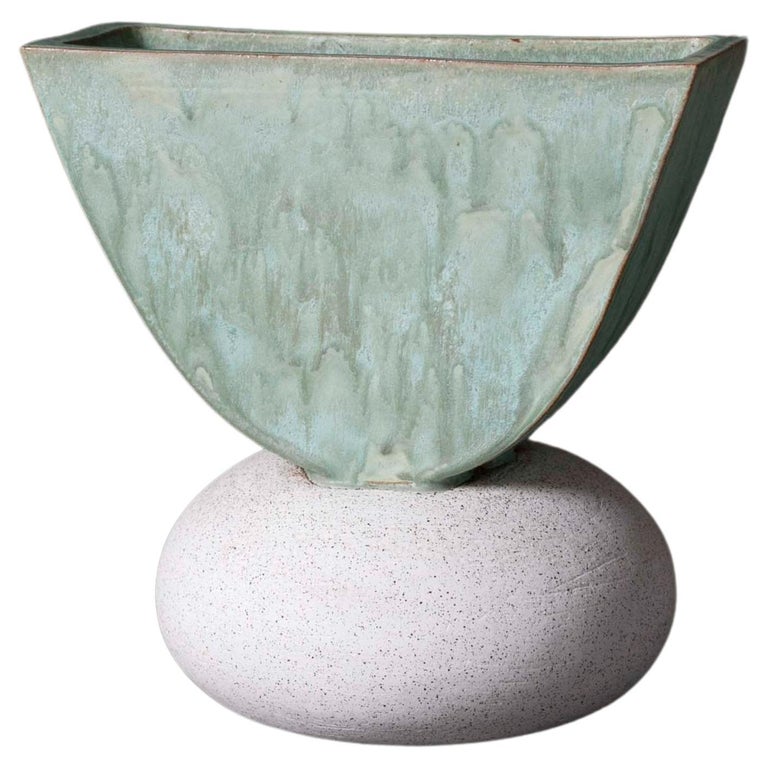 Contemporary Handmade Ceramic Ash Vase XL, Green and White For Sale