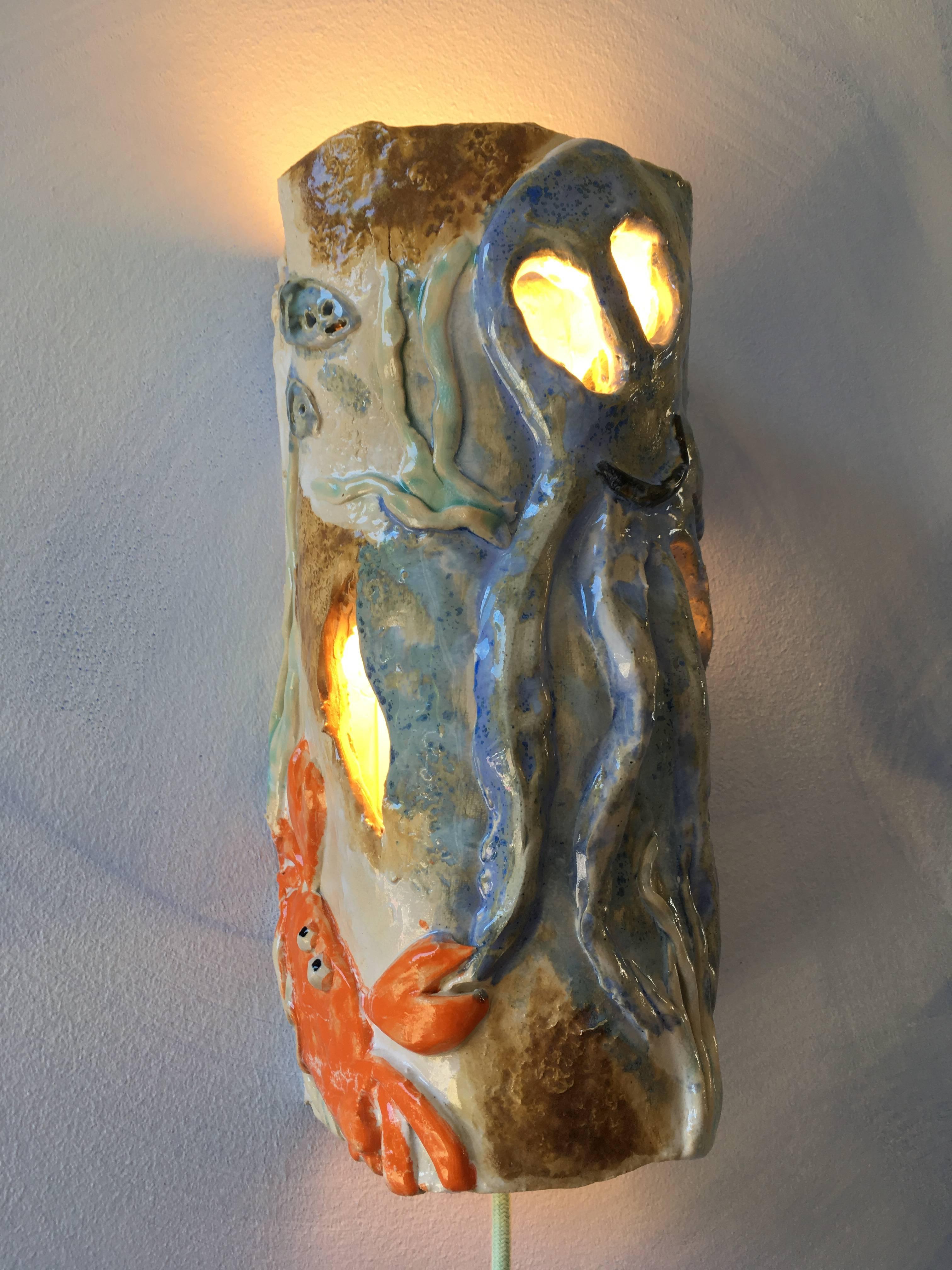 French Contemporary Handmade Ceramic Wall Lamp 'Rencontre Avec M Crab' For Sale