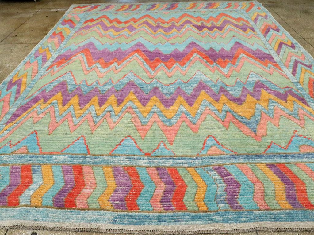 Contemporary Handmade Colorful Turkish Shag Room Size Rug In New Condition For Sale In New York, NY