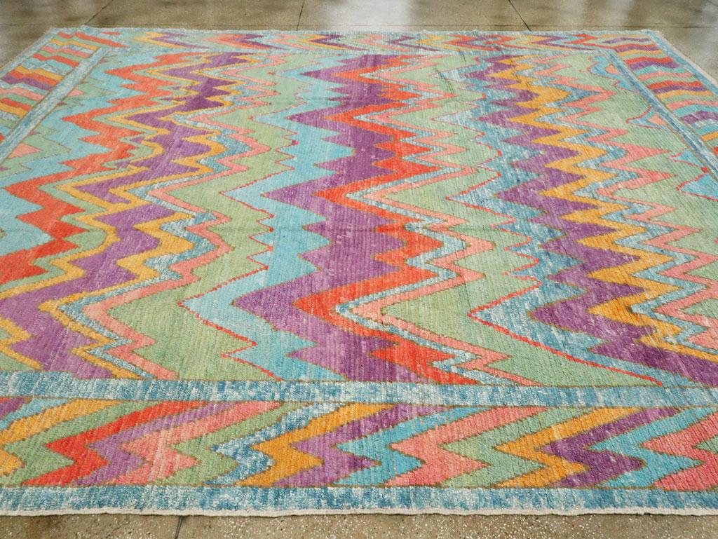 Contemporary Handmade Colorful Turkish Shag Room Size Rug For Sale 1