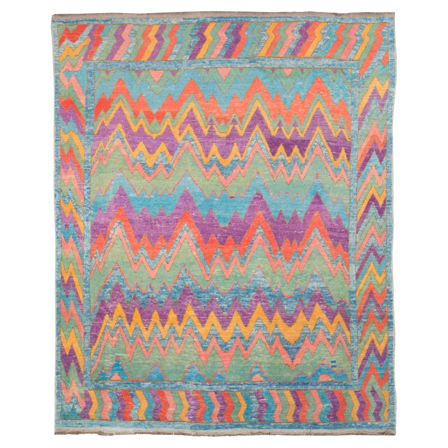 Contemporary Handmade Colorful Turkish Shag Room Size Rug For Sale