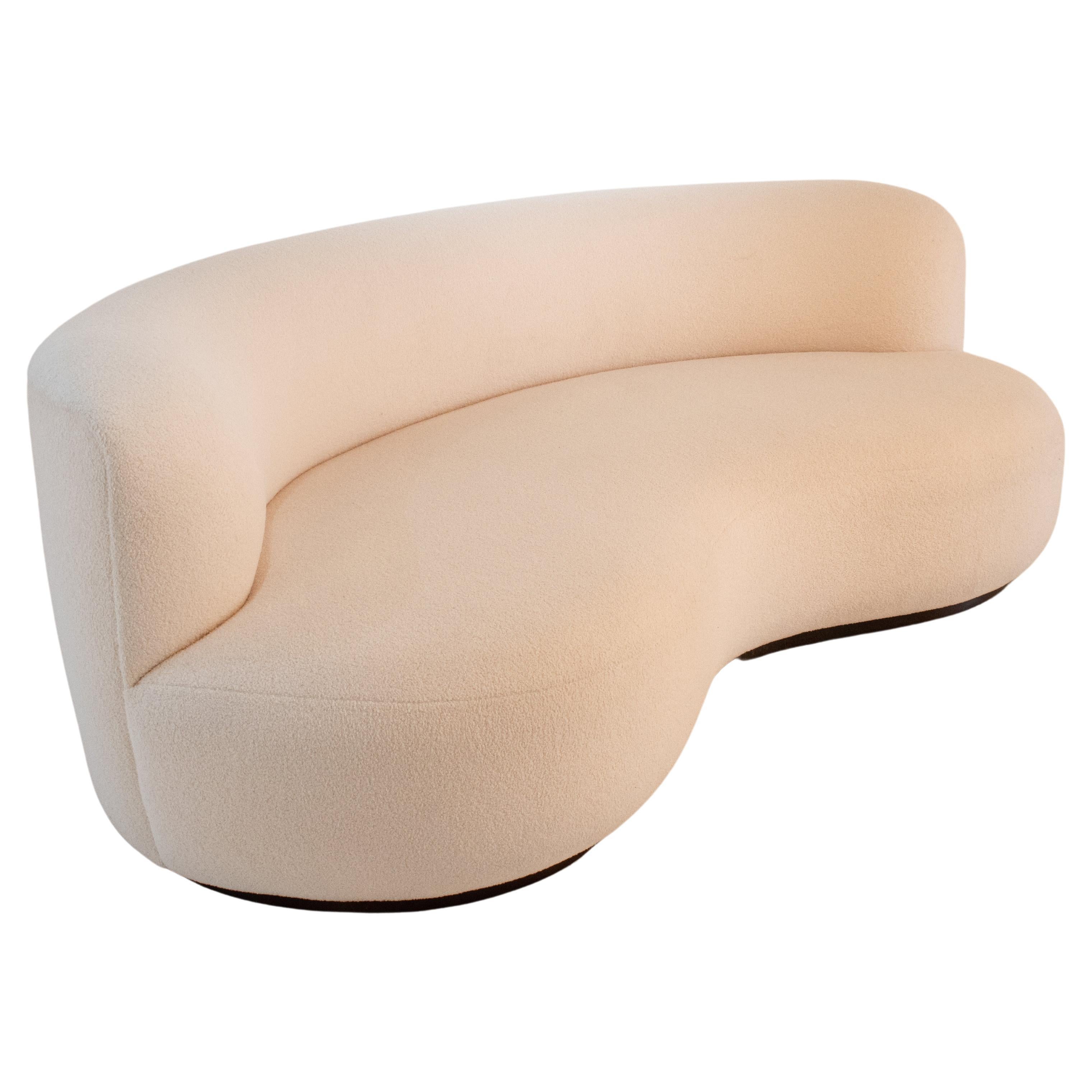 Contemporary Handmade Curved Sofa Upholstered in White Bouclé