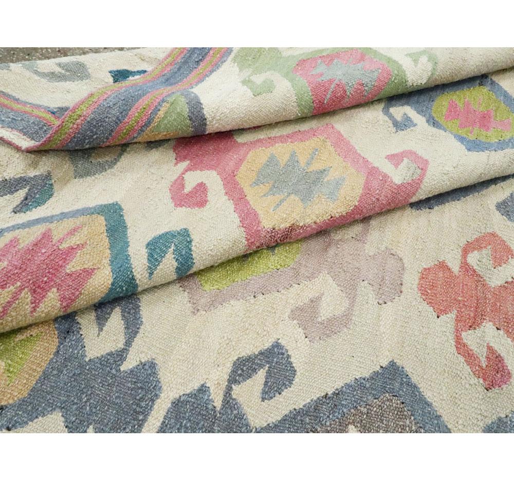 Contemporary Handmade Flat-Weave Rug in Grey, Beige, Pink, Blue, and Green 3
