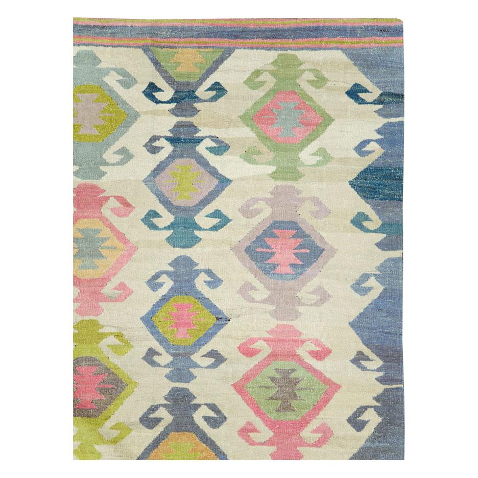 Modern Contemporary Handmade Flat-Weave Rug in Grey, Beige, Pink, Blue, and Green