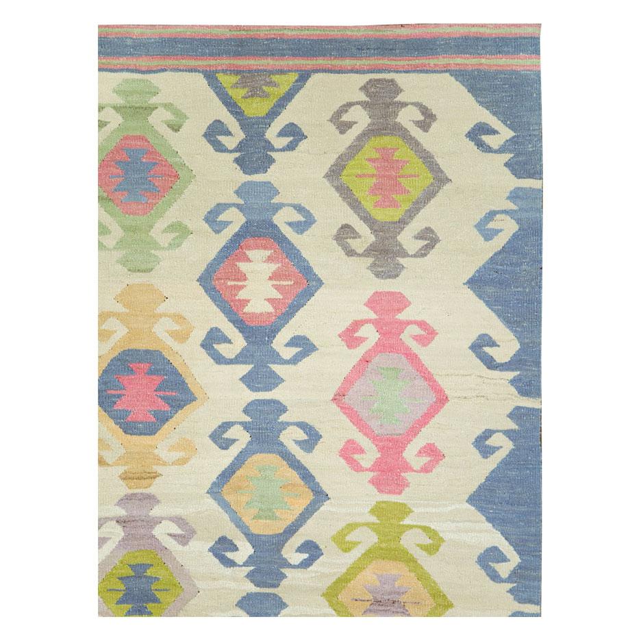 Turkish Contemporary Handmade Flat-Weave Rug in Grey, Beige, Pink, Blue, and Green