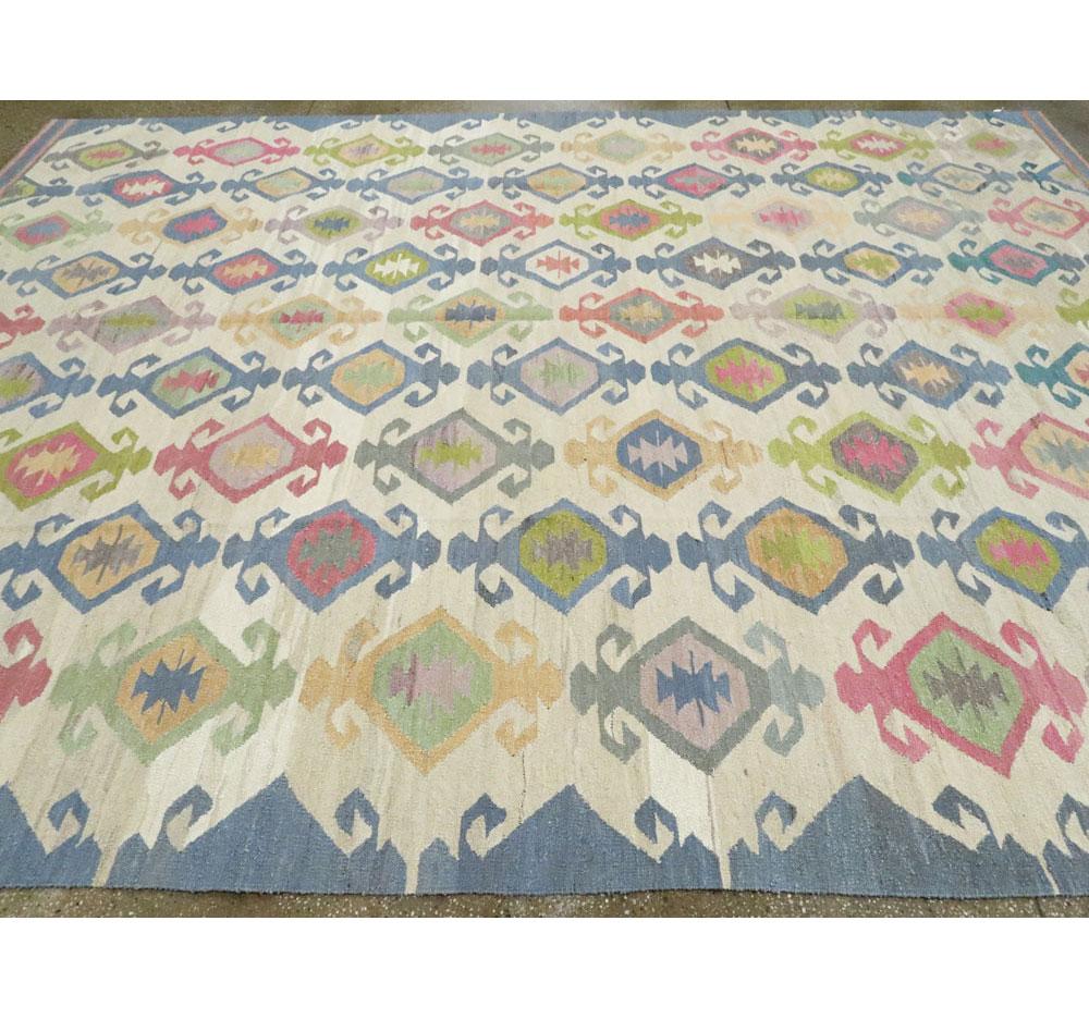 Contemporary Handmade Flat-Weave Rug in Grey, Beige, Pink, Blue, and Green 1