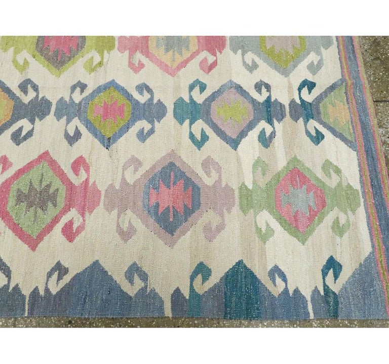 Contemporary Handmade FlatWeave Rug in Grey, Beige, Pink, Blue, and