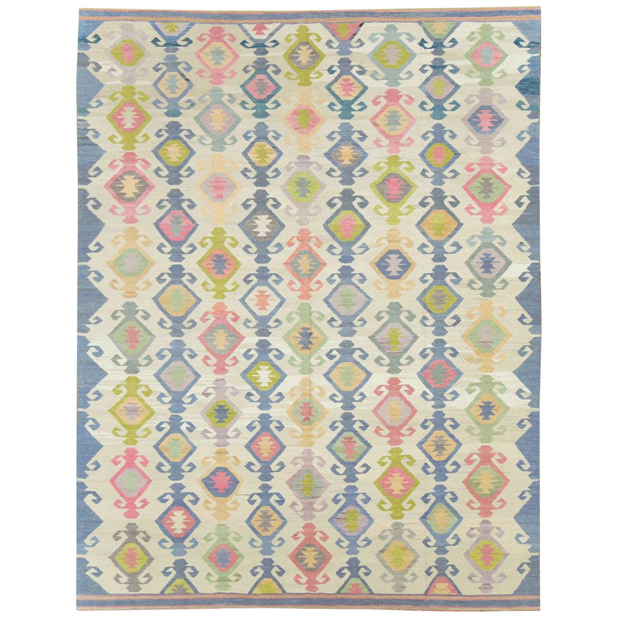 Contemporary Handmade Flat-Weave Rug in Grey, Beige, Pink, Blue, and Green