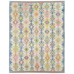 Contemporary Handmade Flat-Weave Rug in Grey, Beige, Pink, Blue, and Green