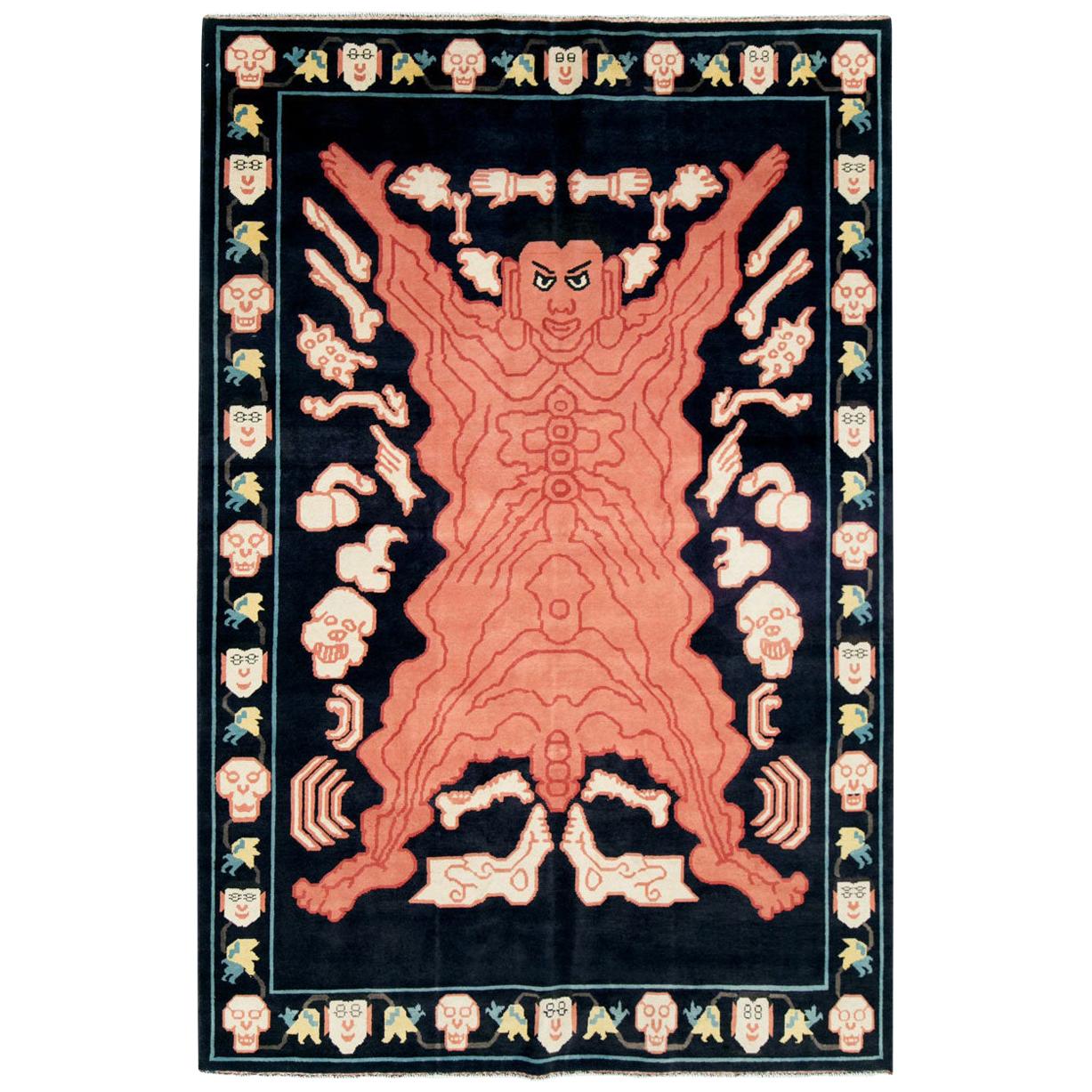 Contemporary Handmade Flayed Man Tantra Accent Rug