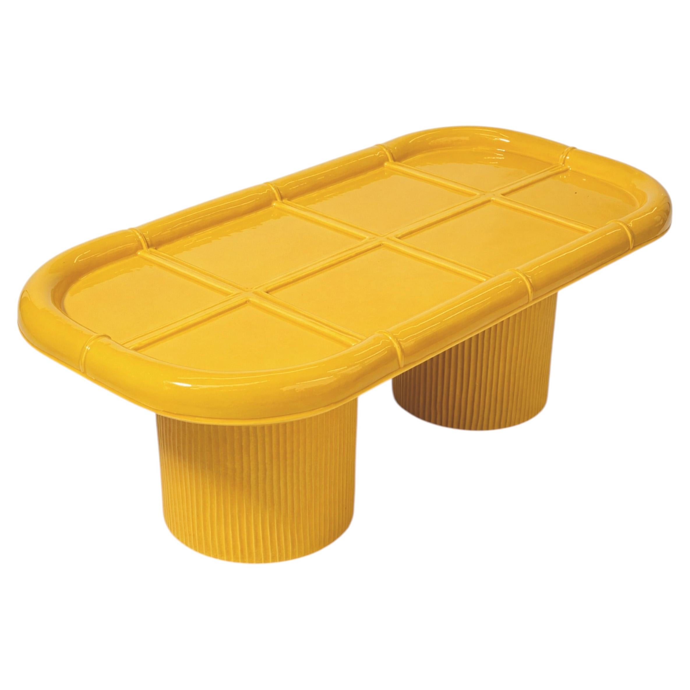 Contemporary Handmade Glossy Yellow Ceramic Raft-Inspired Coffee Table