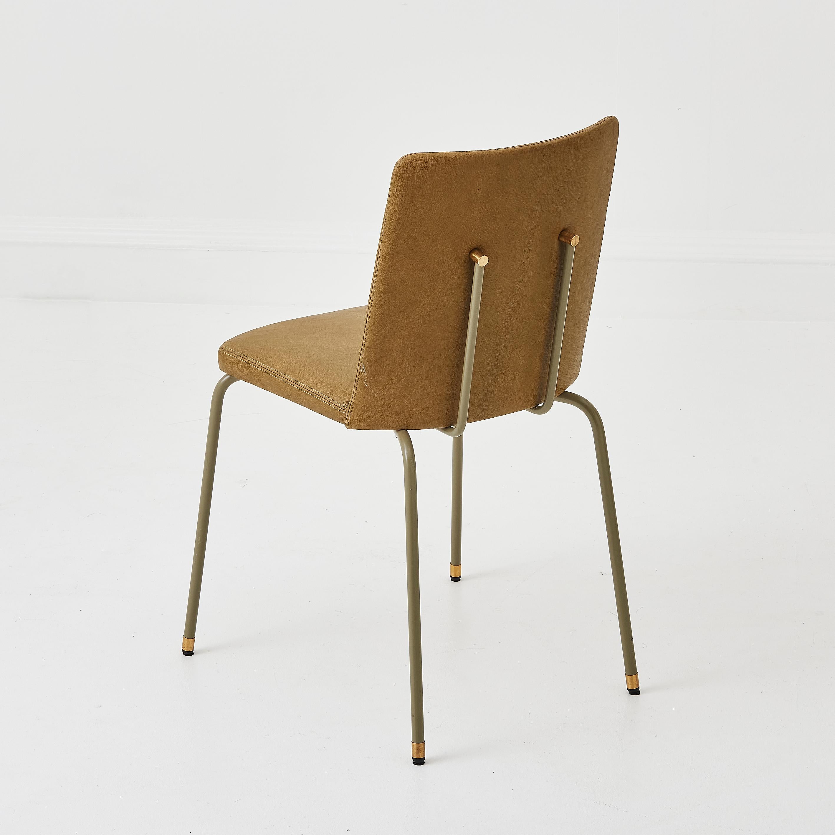 Mid-Century Modern Contemporary Handmade Green Leather Chair With Brass Accents For Sale