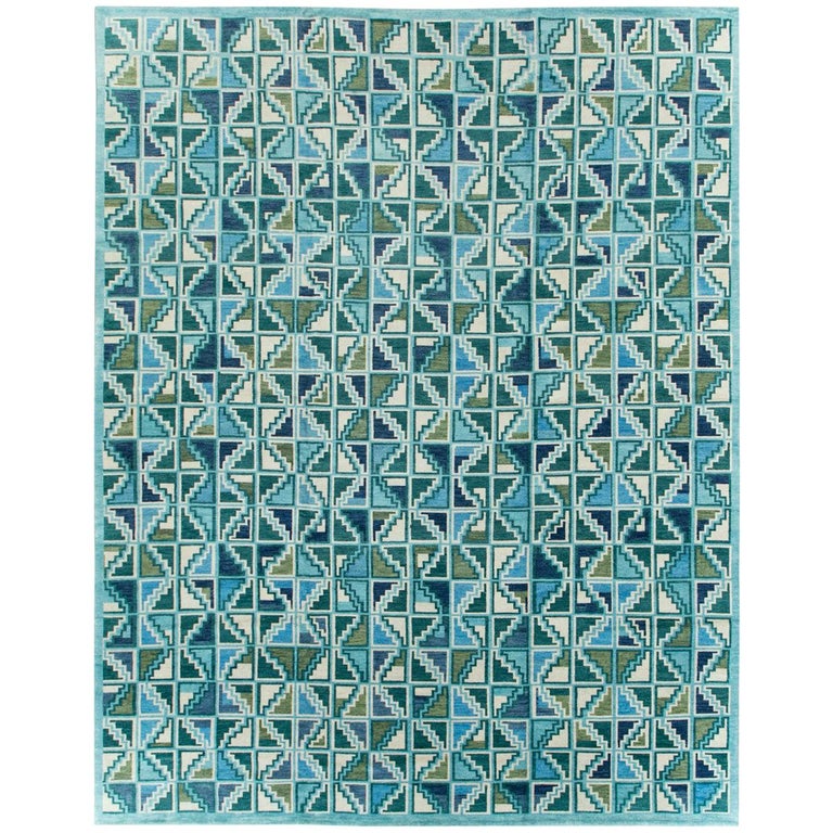 Contemporary Handmade Indian Oversize Rug in Blues and Greens For Sale