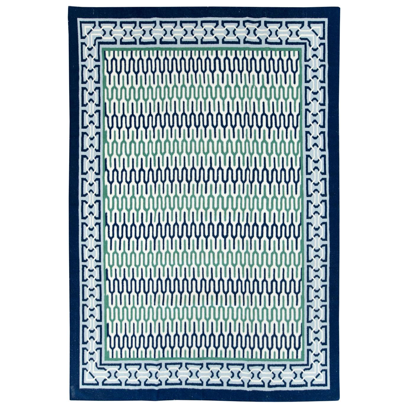 Contemporary Handmade Indian Dhurrie Room Size Carpet in Blue and Green