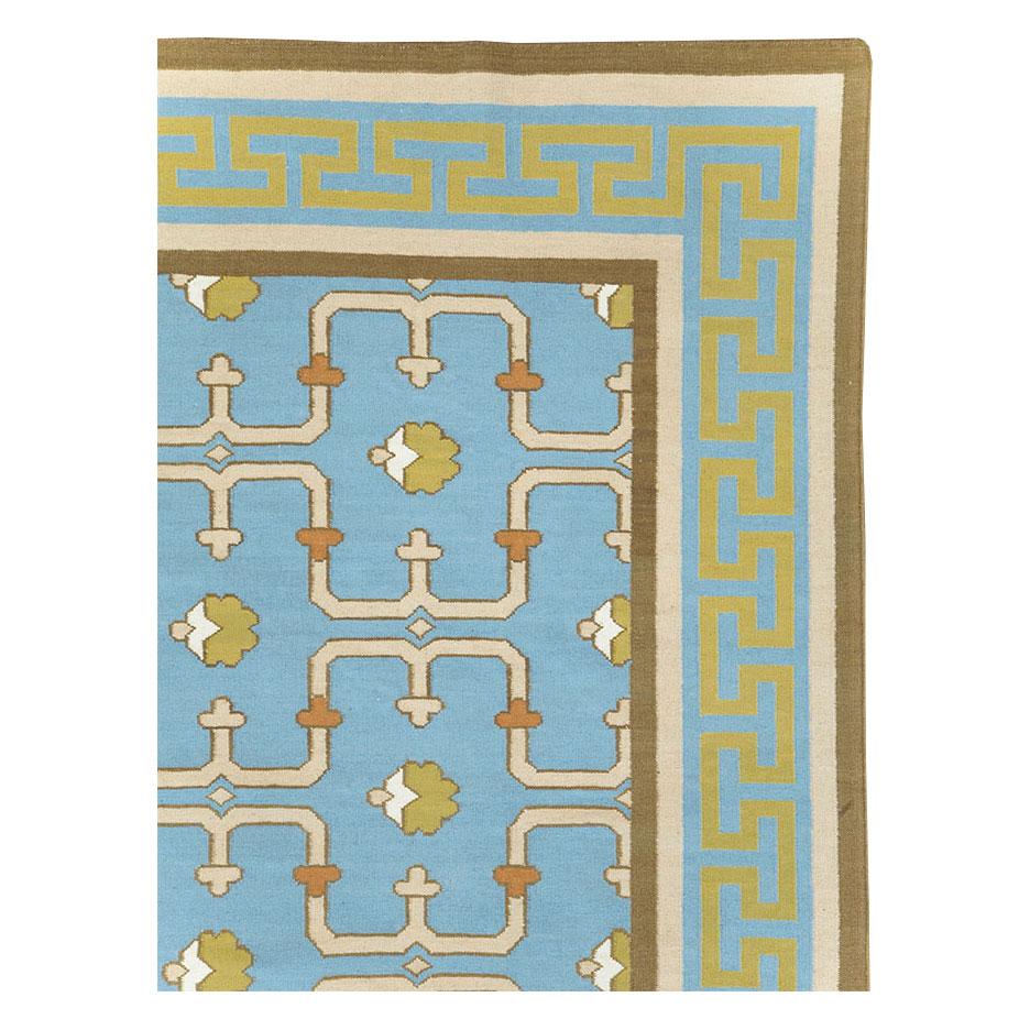 Modern Contemporary Handmade Indian Flat-Weave Dhurrie Room Size Carpet in Light Blue For Sale
