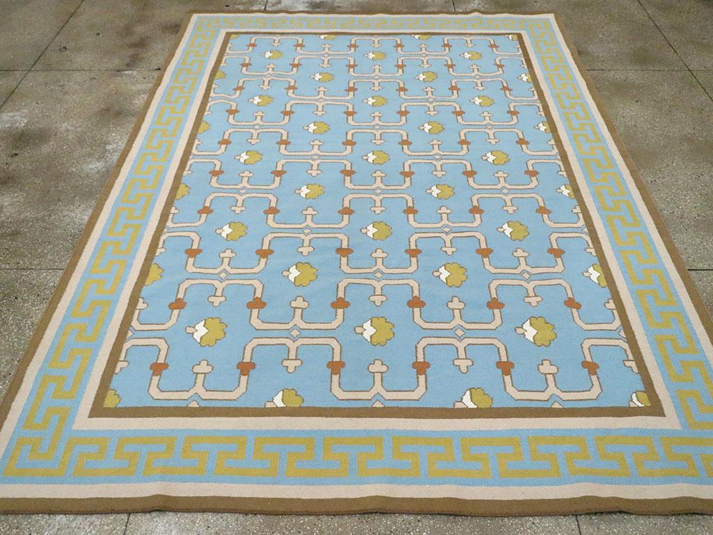 Hand-Woven Contemporary Handmade Indian Flat-Weave Dhurrie Room Size Carpet in Light Blue For Sale