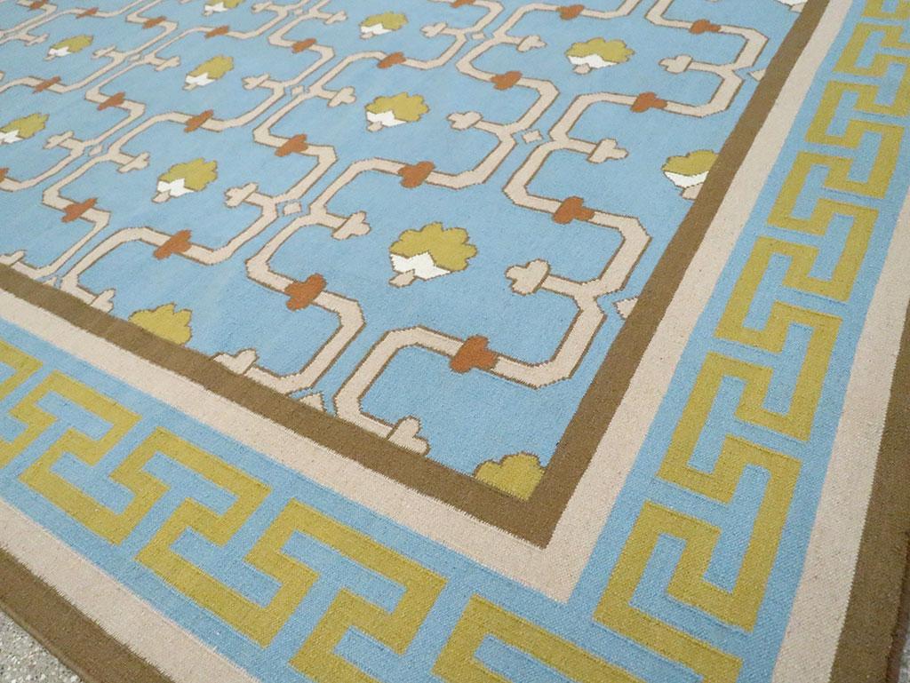 Contemporary Handmade Indian Flat-Weave Dhurrie Room Size Carpet in Light Blue 2