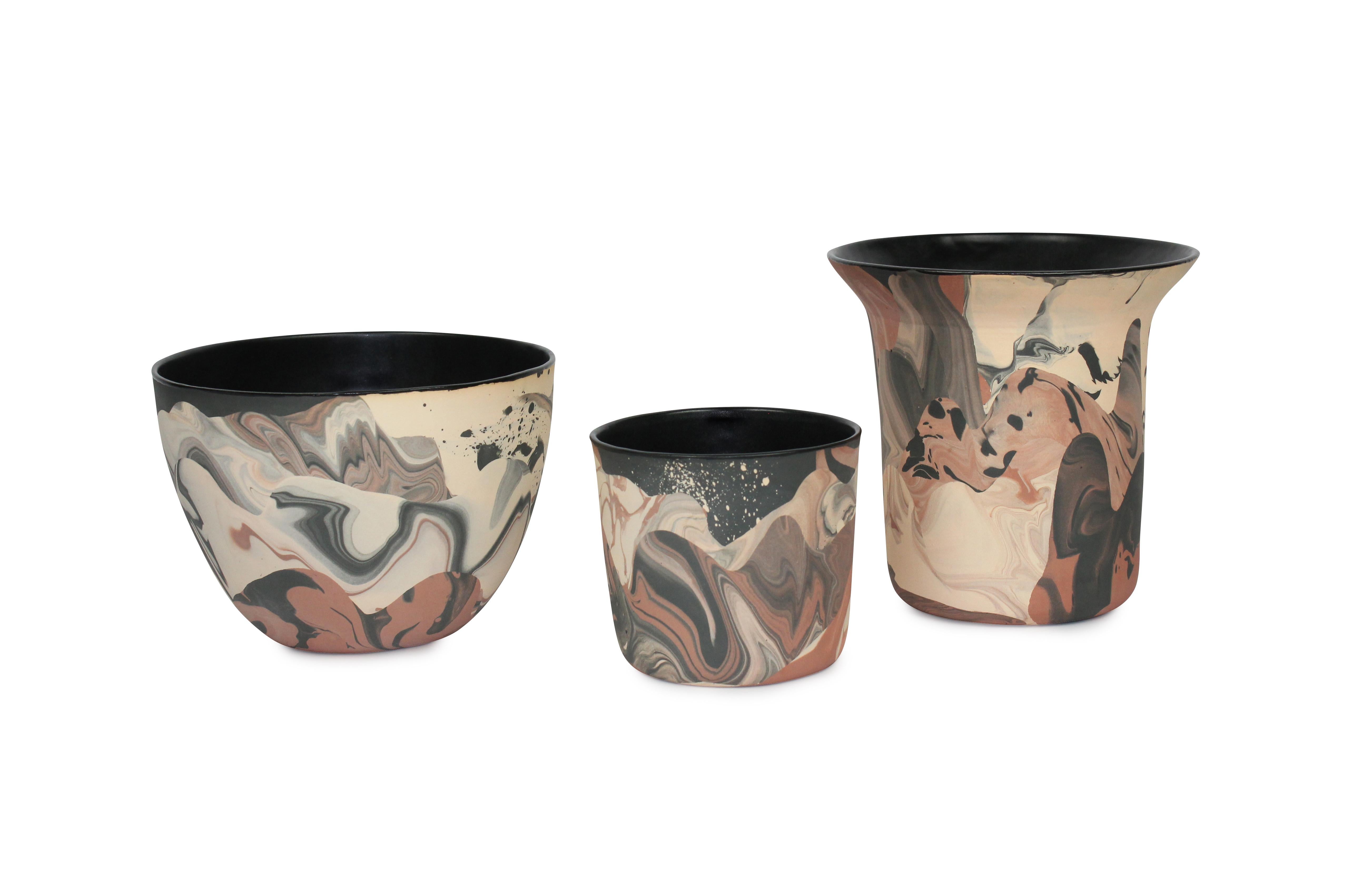 Modern Contemporary Handmade Marbled Ceramic Cup in Peach, Black and Brown For Sale