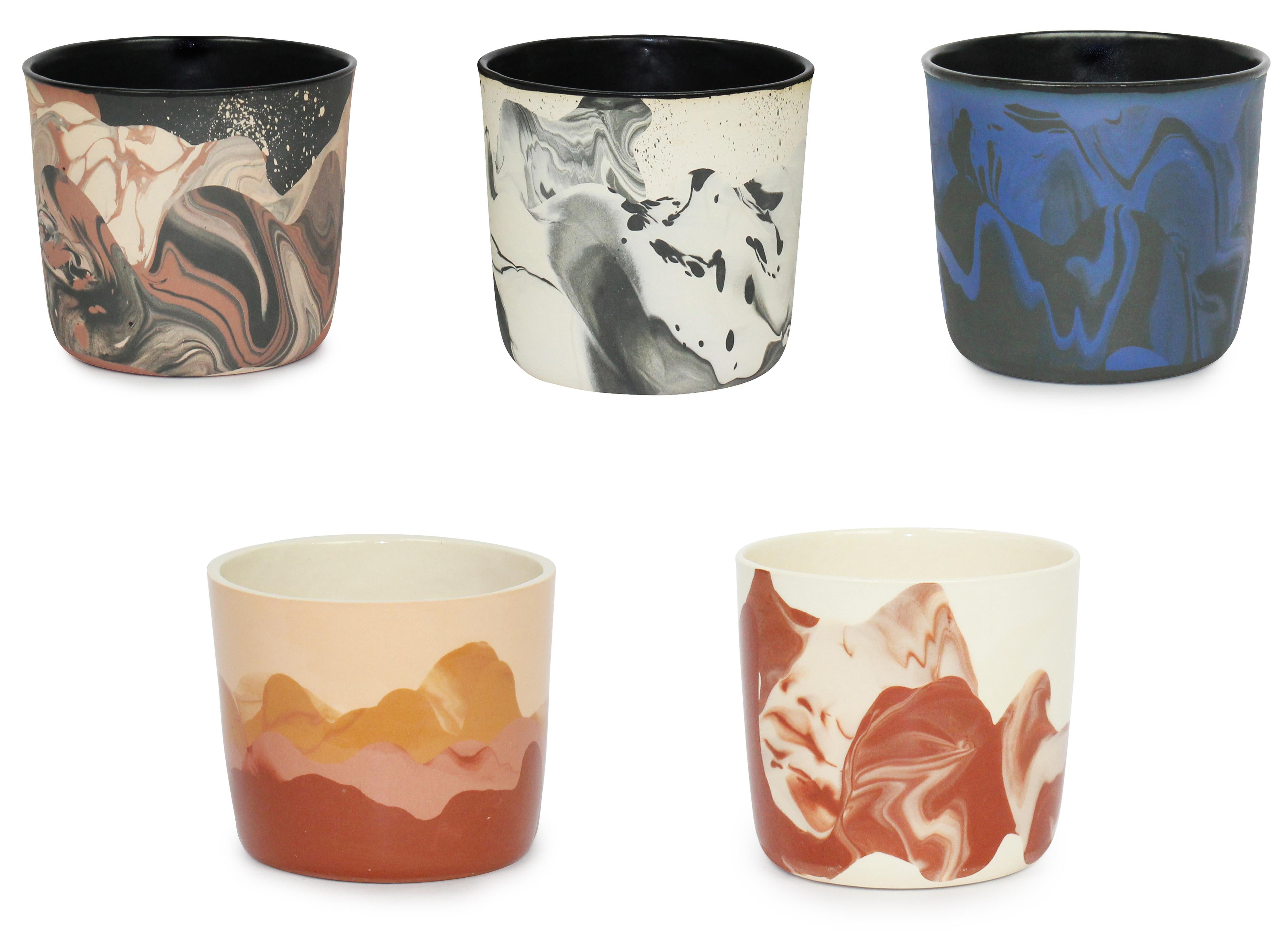 American Contemporary Handmade Marbled Ceramic Cup in Peach, Black and Brown For Sale