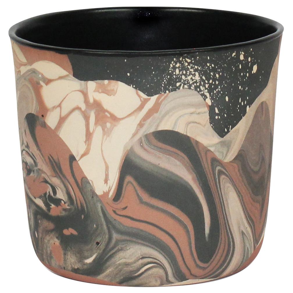 Contemporary Handmade Marbled Ceramic Cup in Peach, Black and Brown