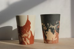 Contemporary Handmade Marbled Ceramic Tumbler Cup in Black, Peach and Brown