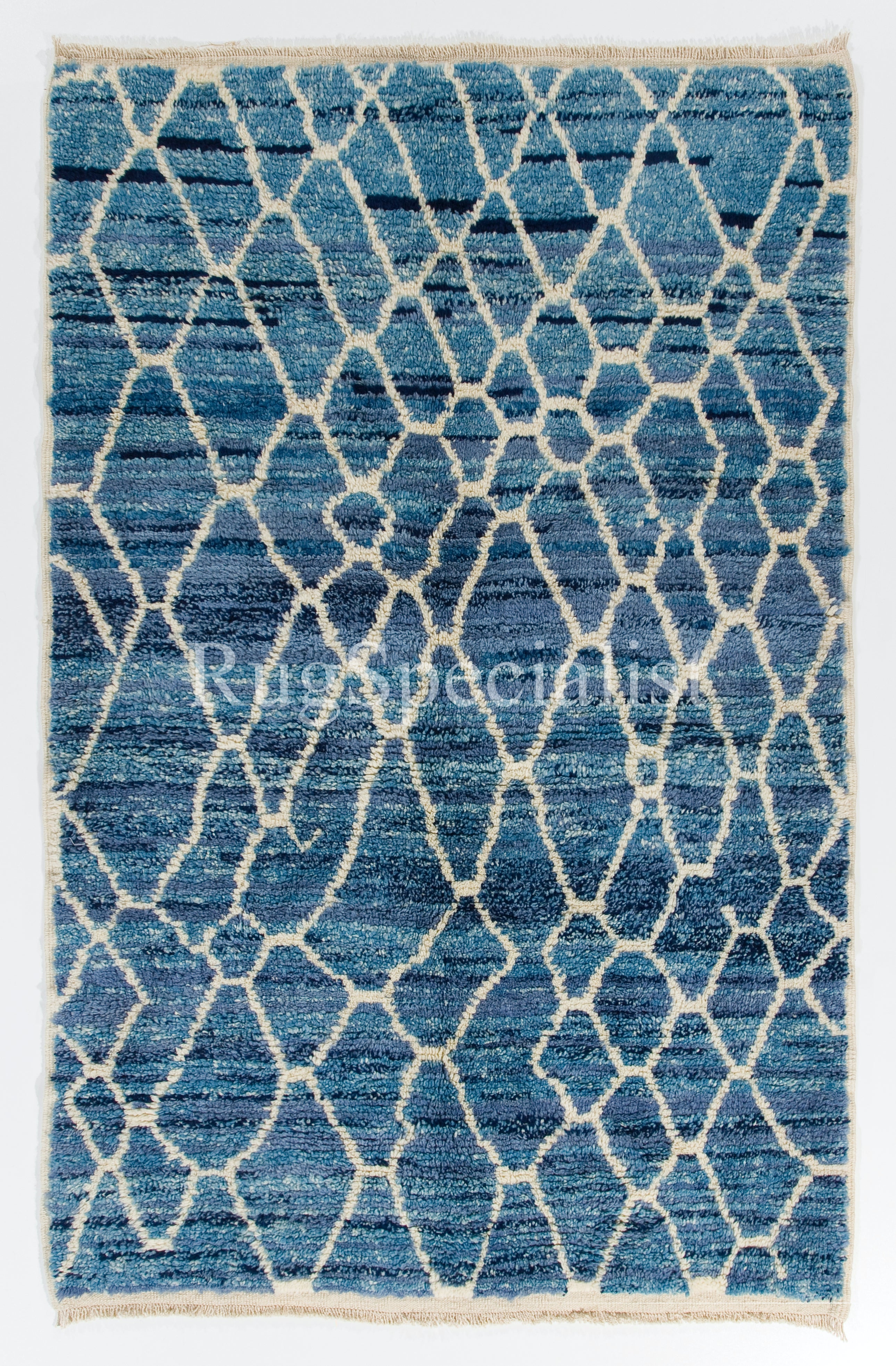Contemporary Handmade Moroccan Rug in Blue & Ivory. 100% Wool. Custom Ops Avail. For Sale