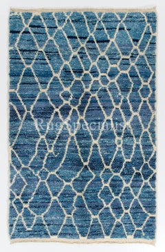 Contemporary Handmade Moroccan Rug in Blue & Ivory. 100% Wool. Custom Ops Avail.