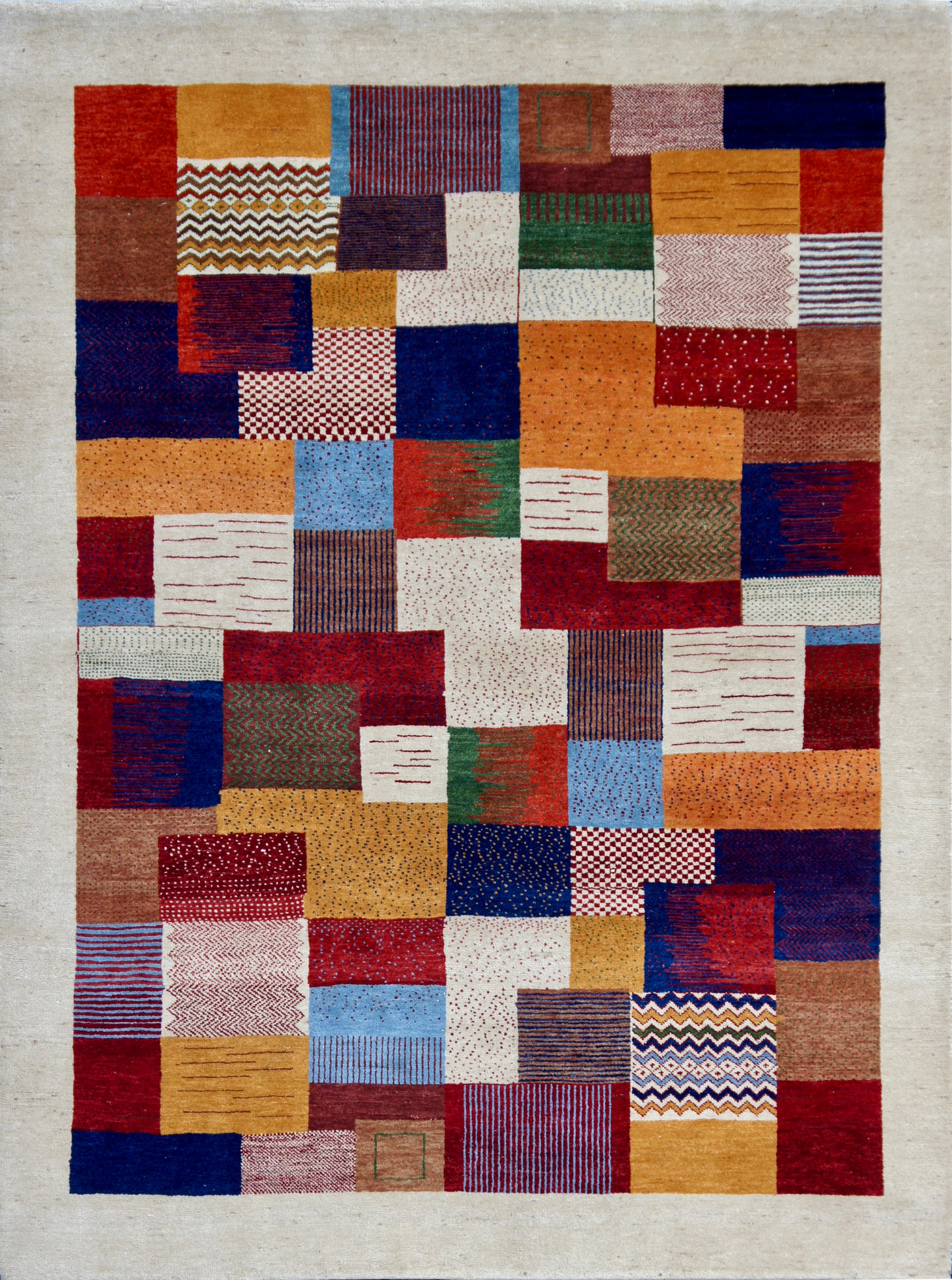 Contemporary Handmade Patchwork Wool Rug with Artistic Geometric Design
