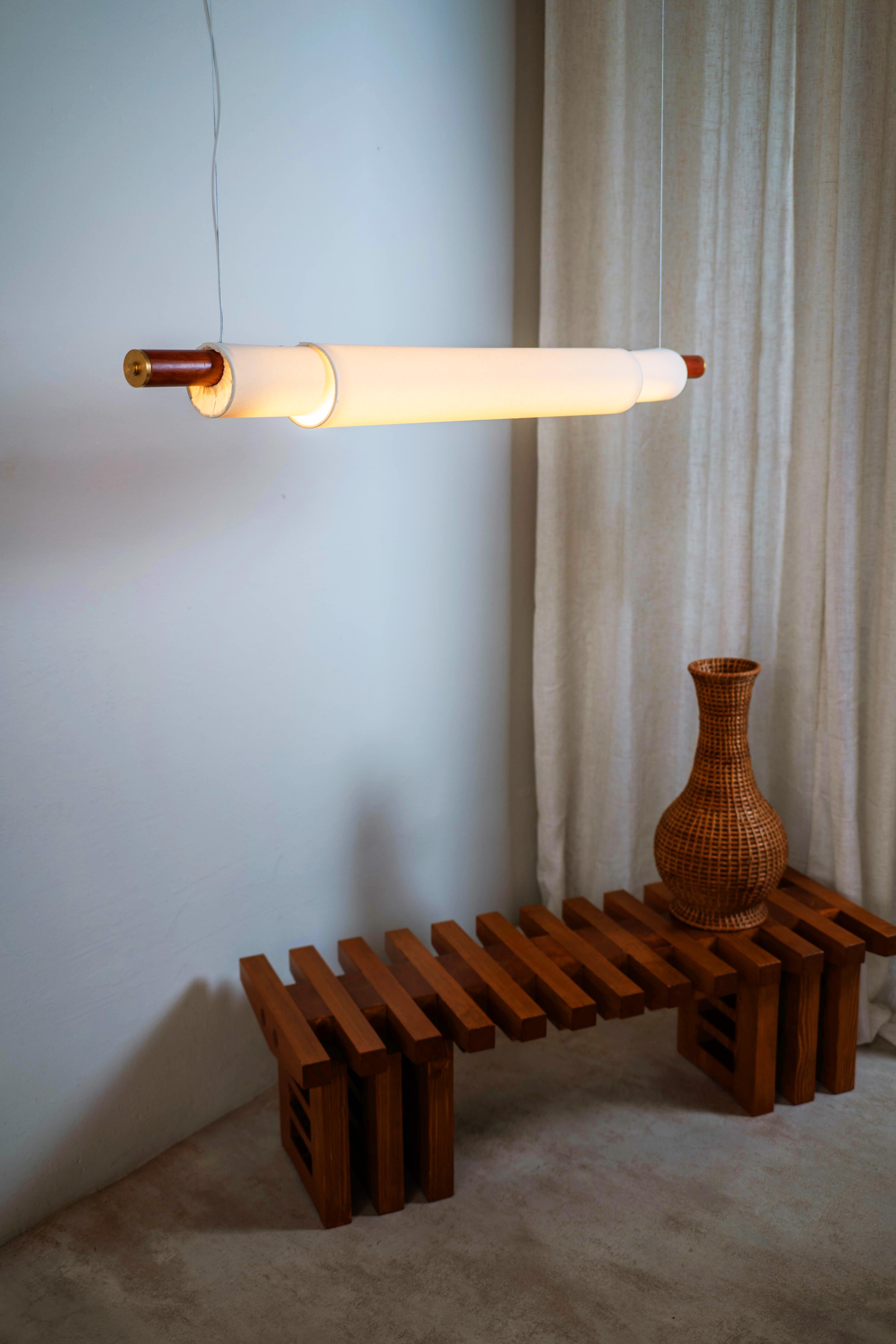 Contemporary, Handmade Pendant Lamp, Teak wood, White fabric, Brass, Large, 47'' For Sale 4
