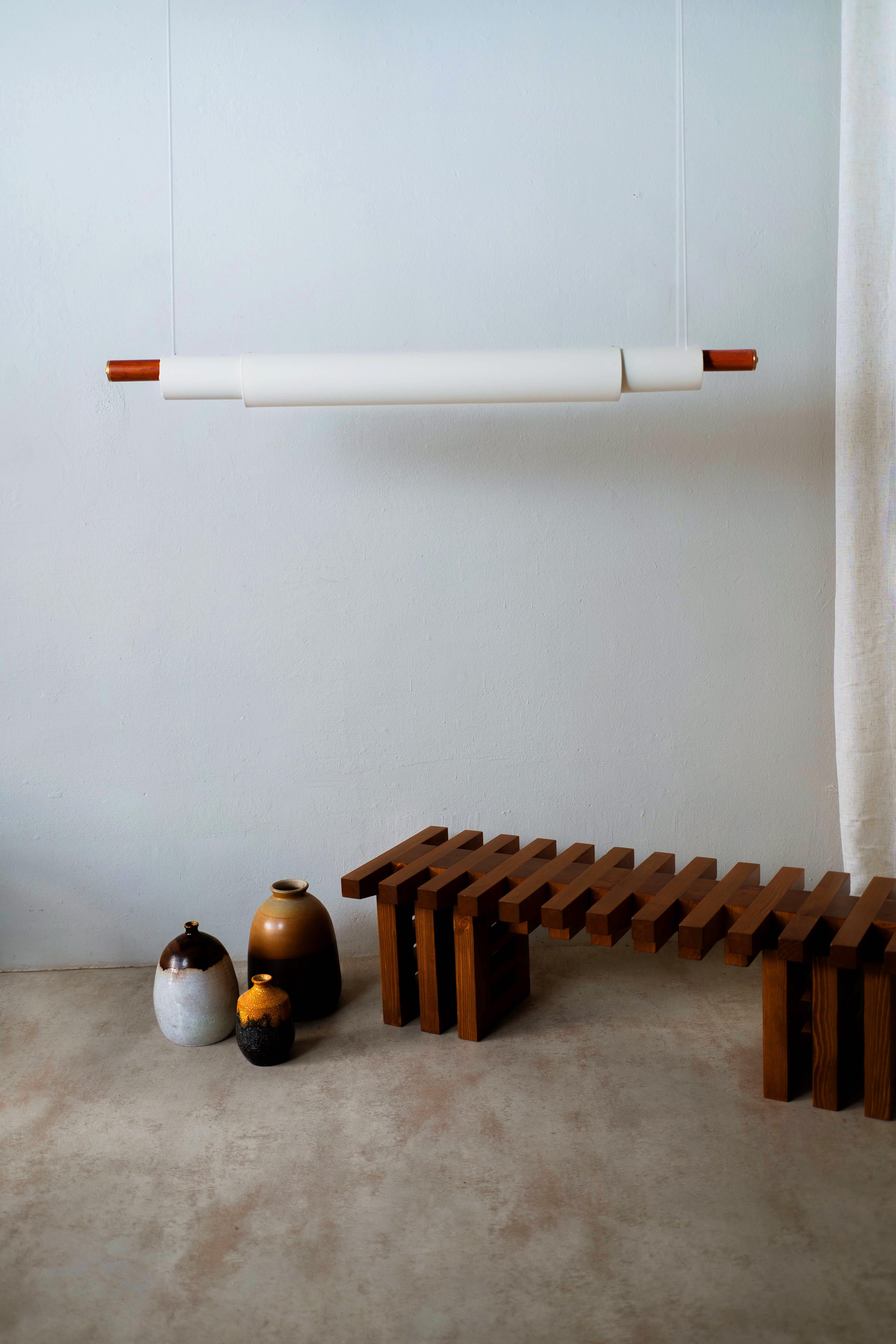 Spanish Contemporary, Handmade Pendant Lamp, Teak wood, White fabric, Brass, Large, 47'' For Sale