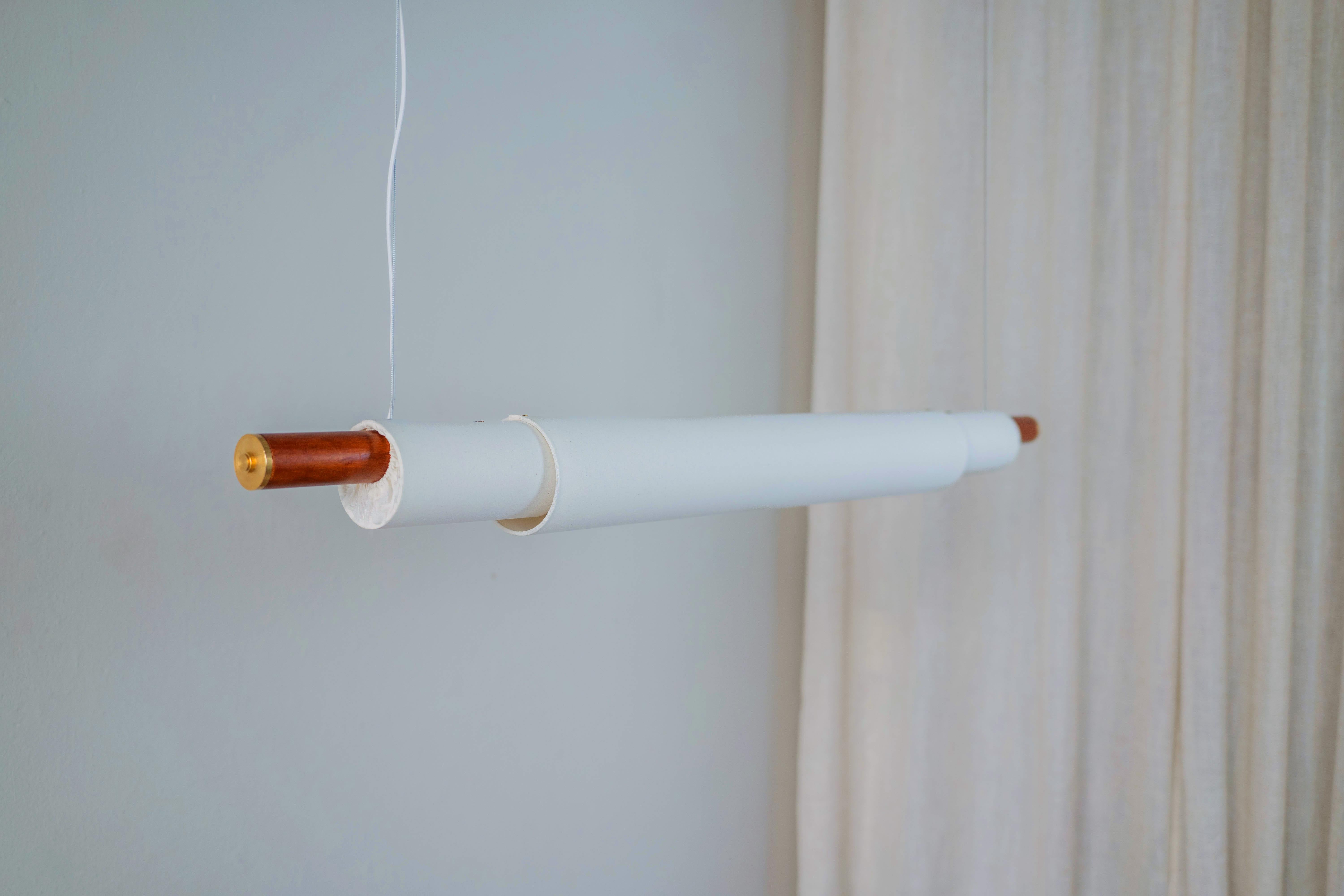 Contemporary, Handmade Pendant Lamp, Teak wood, White fabric, Brass, Large, 47'' For Sale 1