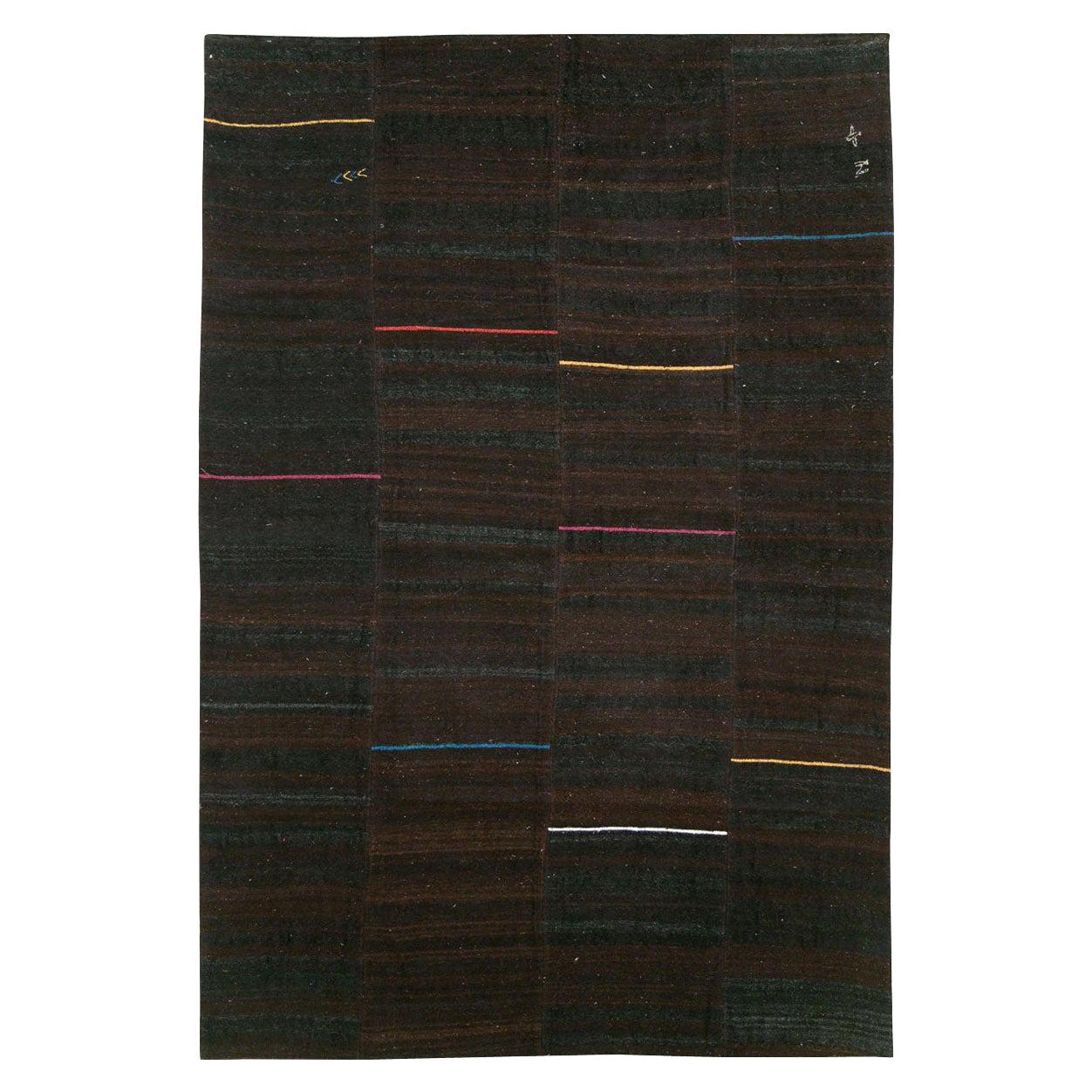 Contemporary Handmade Persian Flat-Weave Accent Rug in Dark Brown