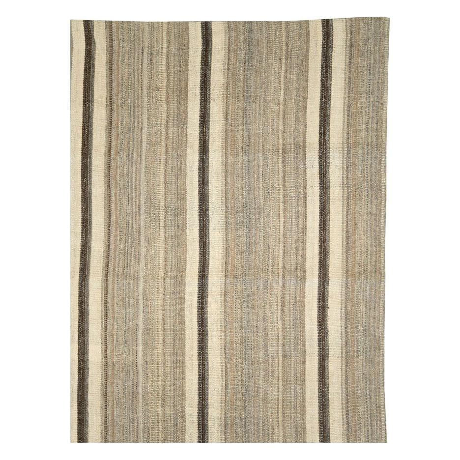 Mid-Century Modern Contemporary Handmade Persian Large Room Size Rug in Beige and Brown For Sale