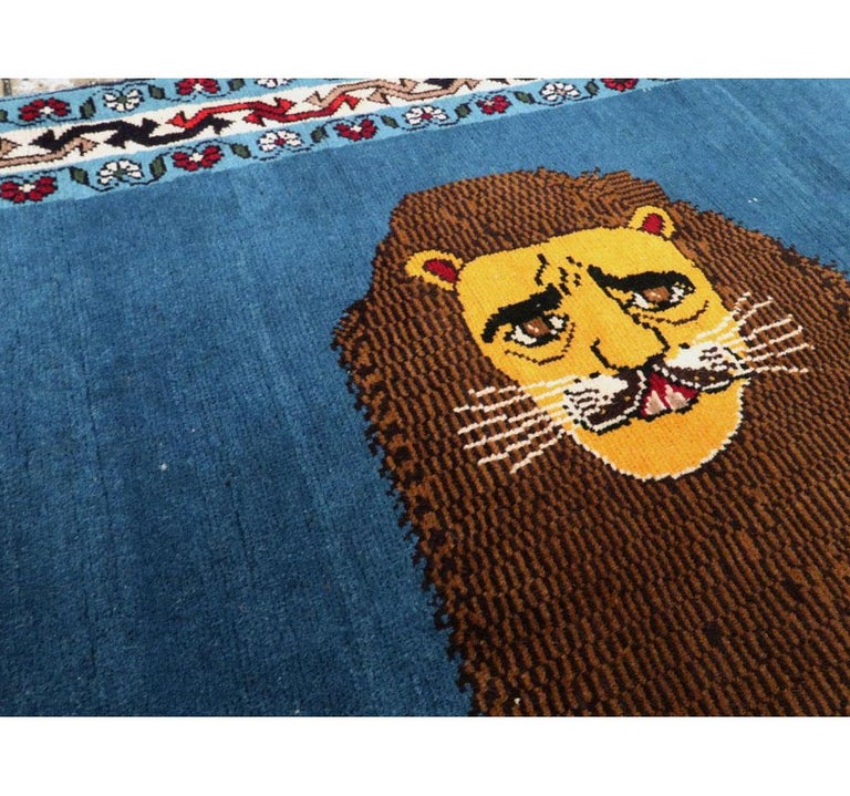 Hand-Knotted Contemporary Handmade Persian Shiraz Pictorial Lion Throw Rug in Yellow and Blue For Sale