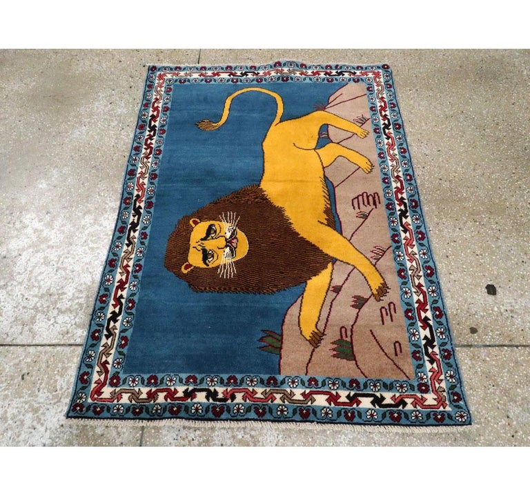 Contemporary Handmade Persian Shiraz Pictorial Lion Throw Rug in Yellow and Blue In New Condition For Sale In New York, NY