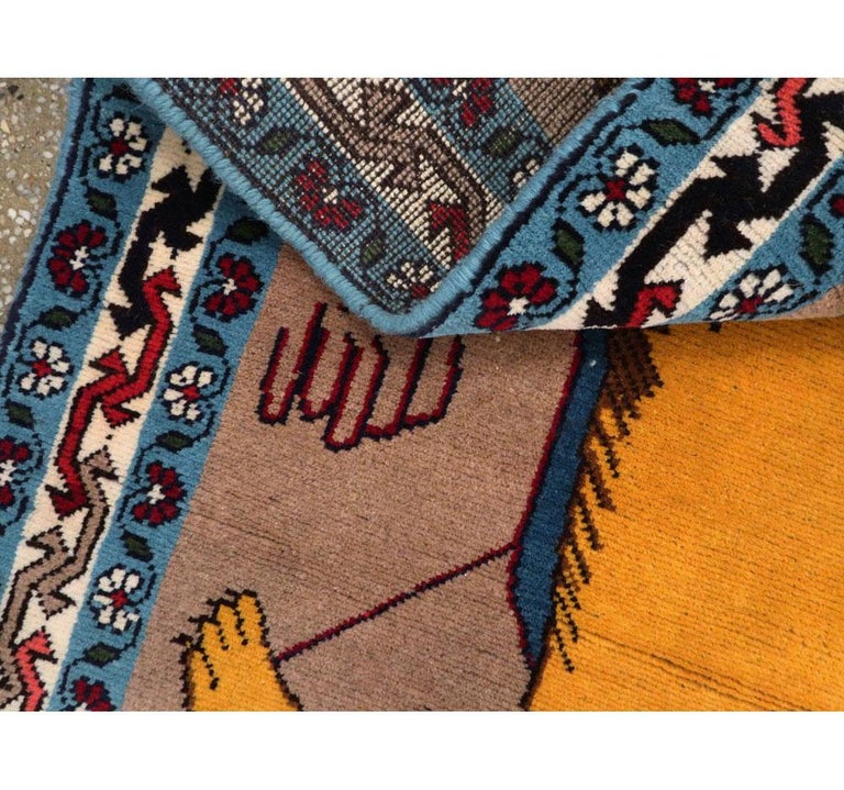 Wool Contemporary Handmade Persian Shiraz Pictorial Lion Throw Rug in Yellow and Blue For Sale