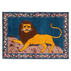 Tapis contemporain fait à la main en persan Shiraz Pictorial Lion en jaune et bleu