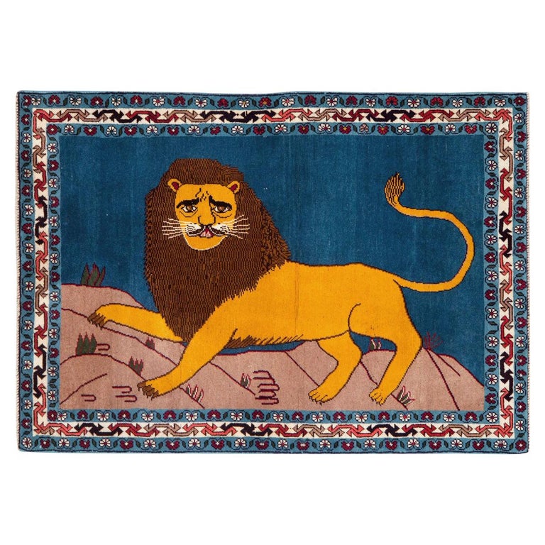 Contemporary Handmade Persian Shiraz Pictorial Lion Throw Rug in Yellow and Blue For Sale