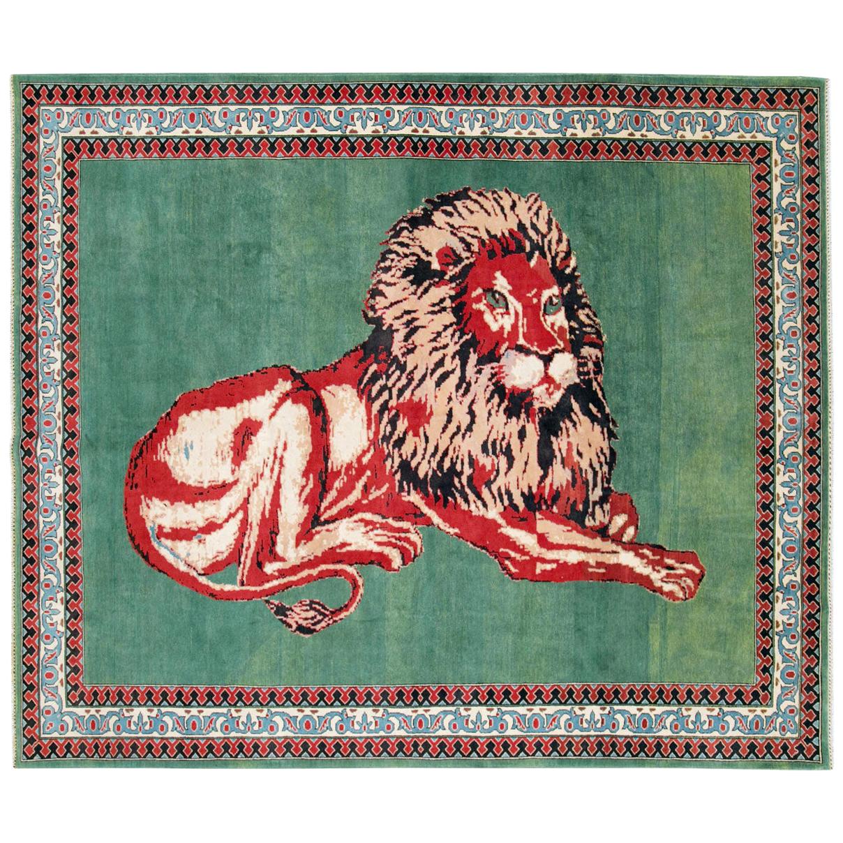 Contemporary Handmade Pictorial Room Size Rug of a Resting Lion