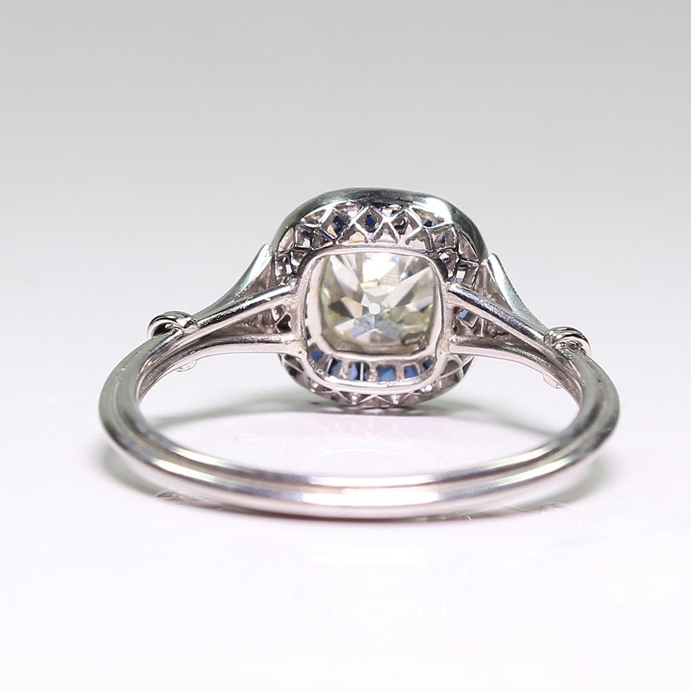 Cushion Cut Contemporary Handmade Platinum 1.1 Antique Old Mine Diamond and Sapphire Ring