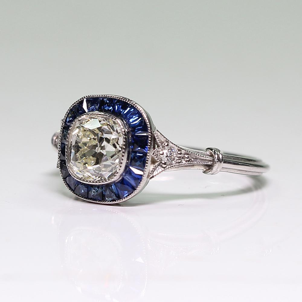 Contemporary Handmade Platinum 1.1 Antique Old Mine Diamond and Sapphire Ring In New Condition In Miami, FL